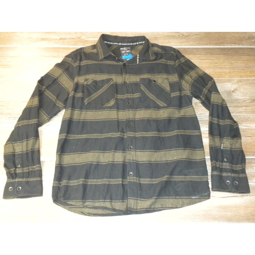 Kavu Bennett Shirt Mens L Black Green Striped Flannel Button Down Gorpcore Trail